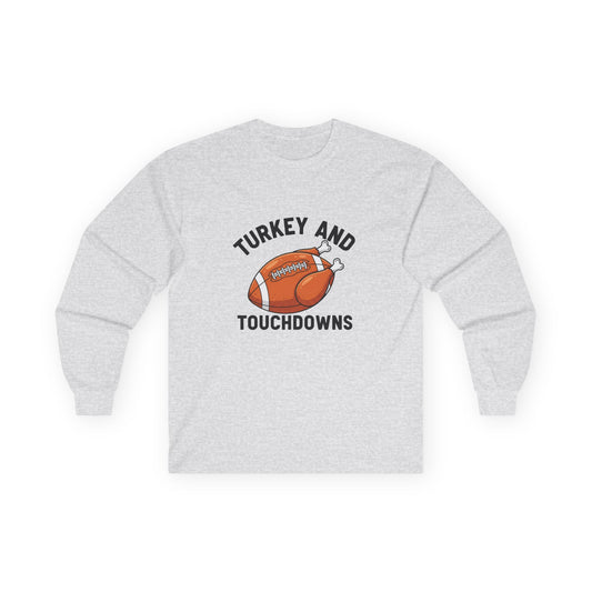 Thanksgiving Football Long Sleeve Tee - Turkey and Touchdowns, Unisex Tee, Fall Apparel, Game Day Shirt, Thanksgiving Gift